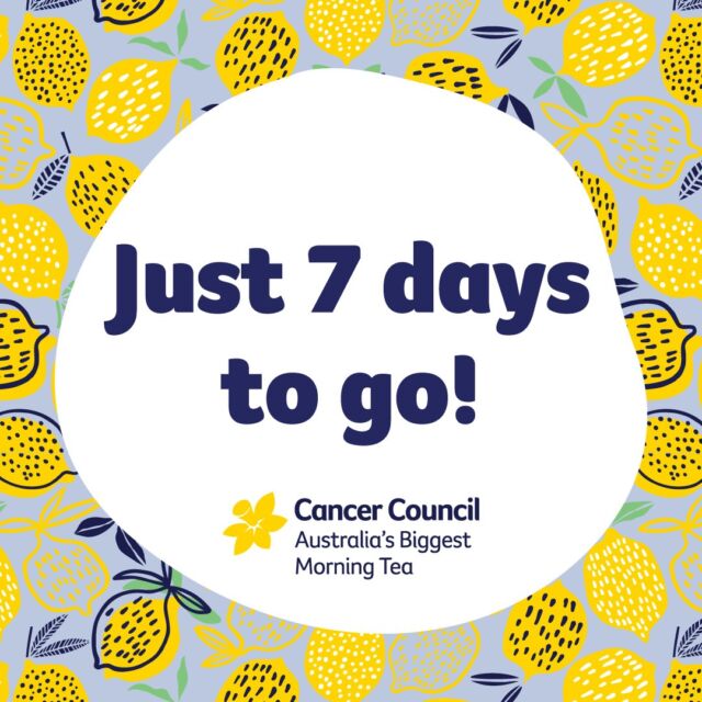 This time next week, join us for Australia's Biggest Morning Tea!

☕ The Cafe
📆 Thursday 23rd May
🕘 9am - 11.30am

Did you know 1 in 2 people will be diagnosed with cancer before the age of 85?

Cancer Council is the largest non-government funder of cancer research in the country, Investment in research has helped increase cancer survival rates from 49% in the 1980s to 69% today.

Come help us raise some money for a great cause!
