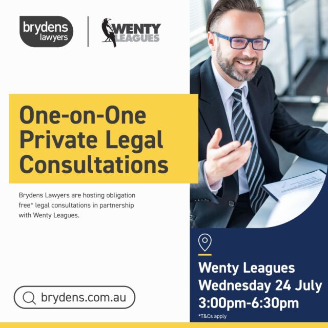 Our partner @brydenslawyers are offering free* one-on-one legal advice consultations at Wenty Leagues, on Wednesday 24th of July, from 3pm-6:30pm.

Whether you have questions about personal injury, family law, or any other legal matter, their experts will be on hand to provide guidance.

Secure your spot for a complimentary one-on-one consultation now:

https://www.brydens.com.au/wentworthville-leagues-free-legal-advice/